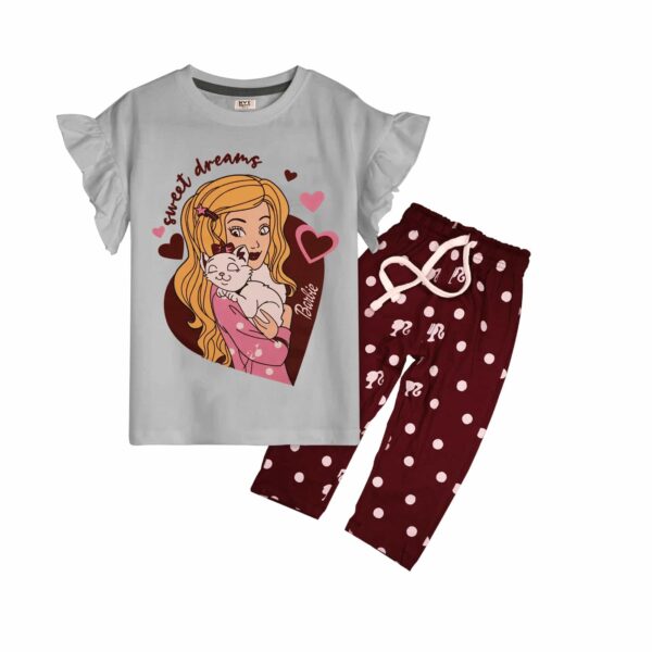 Girls Night Suit - Barbie Sweet Dreams Print Grey Top & Maroon Polka Dot Trousers