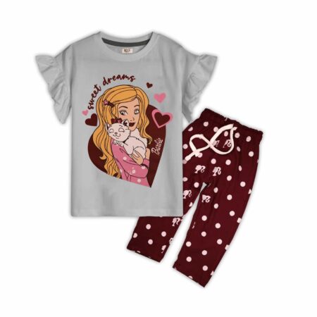 Girls Night Suit - Barbie Sweet Dreams Print Grey Top & Maroon Polka Dot Trousers