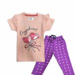 Heart printed Pink tee With Purple Allover Trouser