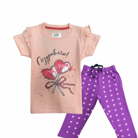 Heart printed Pink tee With Purple Allover Trouser