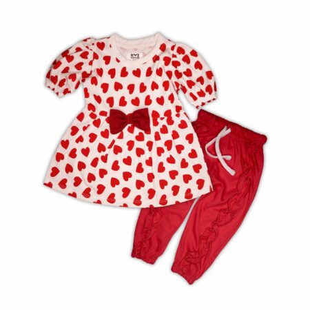 Baby Girl Heart Print Dress with Bow & Frill Pants