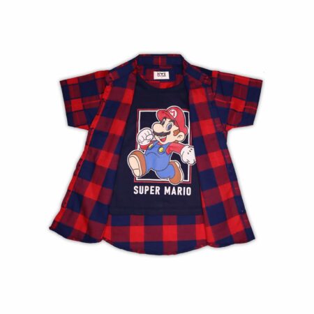Super Mario Checkered Open Shirt & T-Shirt Set