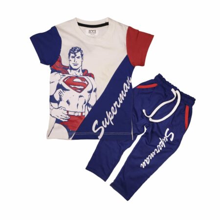 Superman Printed White Blue Summer T-Shirt & Blue Trouser Set for Boys