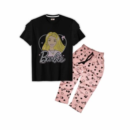 Black Barbie T-Shirt & Pink Printed Pajama Set