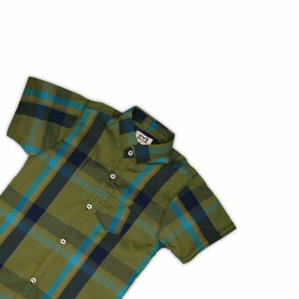Boys' Stylish Plaid Short-Sleeve Shirt – Olive Green & Blue