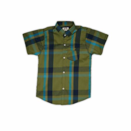 Boys' Stylish Plaid Short-Sleeve Shirt – Olive Green & Blue