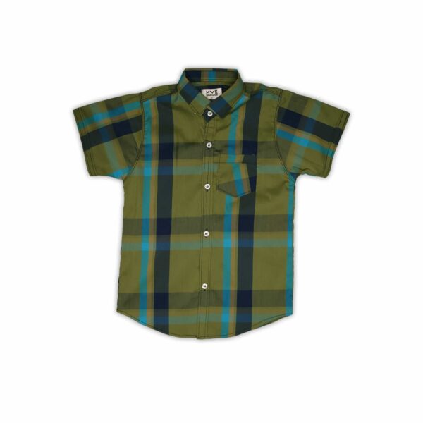 Boys' Stylish Plaid Short-Sleeve Shirt – Olive Green & Blue