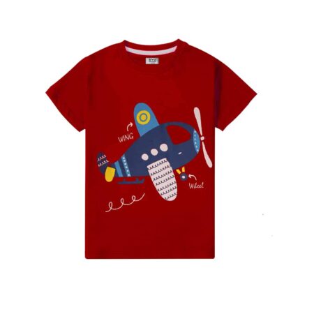 Boys’ Cartoon Airplane Adventure T-Shirt – Bright Red