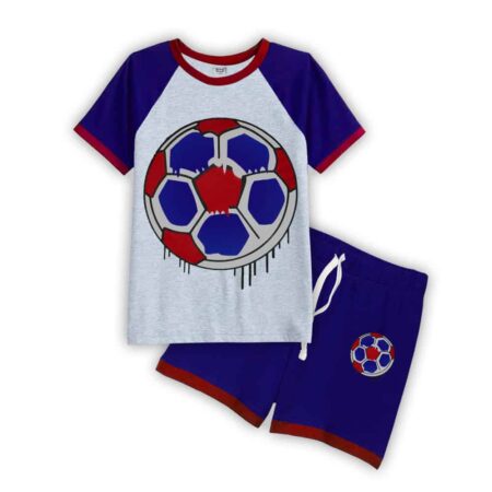 Boys' Summer Football Print T-Shirt & Shorts Set – Red, Blue & Grey Combo