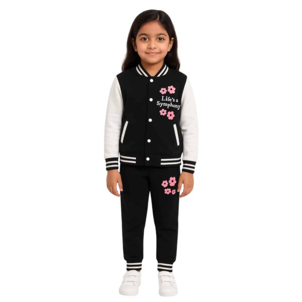 Girls Black & White Varsity Jacket with Matching Black Trouser – Pink Floral Design