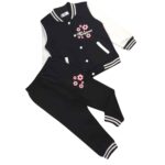 Girls Black & White Varsity Jacket with Matching Black Trouser – Pink Floral Design