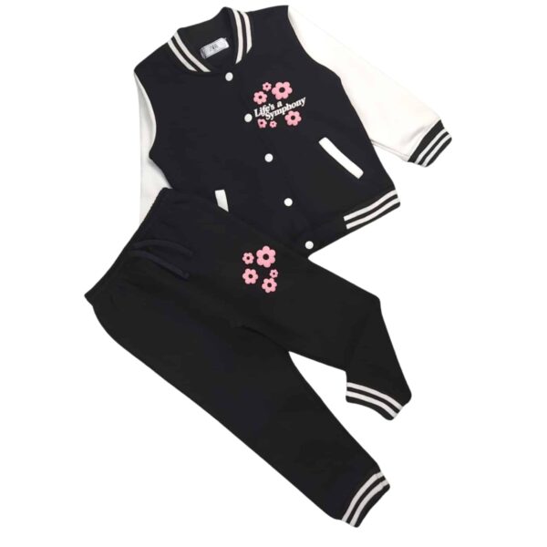 Girls Black & White Varsity Jacket with Matching Black Trouser – Pink Floral Design