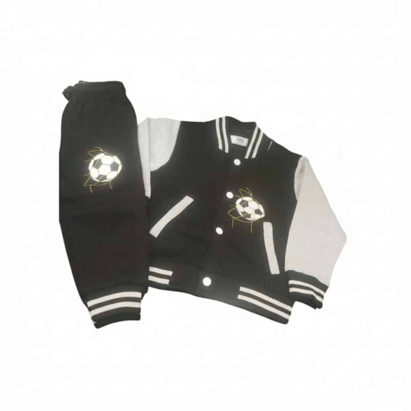Boys Black & Grey Varsity Jacket with Matching Trouser – Soccer Ball Print