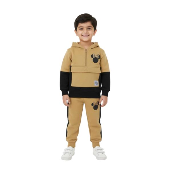 Boys Minnie Design Hoodie Tracksuit – Beige & Black