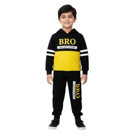 Boys Stylish “BRO” Hoodie Tracksuit – Black & Yellow
