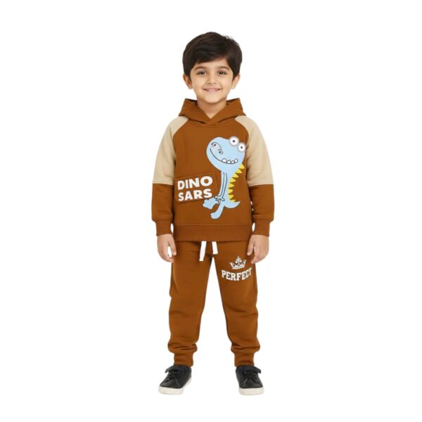 Boys Dino Printed Hoodie Tracksuit – Brown