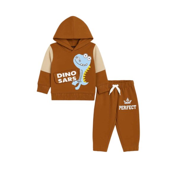Boys Dino Printed Hoodie Tracksuit – Brown