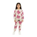 Girls Cute Pink Bow Printed Tracksuit – Beige