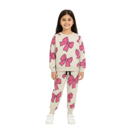 Girls Cute Pink Bow Printed Tracksuit – Beige