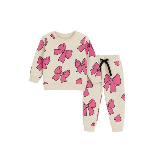 Girls Cute Pink Bow Printed Tracksuit – Beige