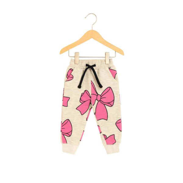 Girls Cute Pink Bow Printed Tracksuit – Beige