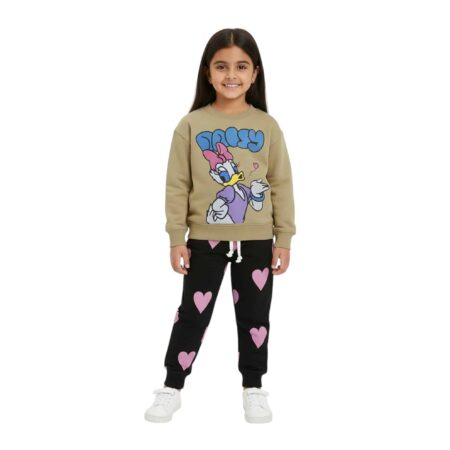 Girls Daisy Duck Printed Tracksuit – Khaki & Black
