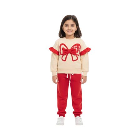 Girls Sweet Love Bow Tracksuit – Cream & Red