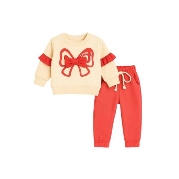 Girls Sweet Love Bow Tracksuit – Cream & Red