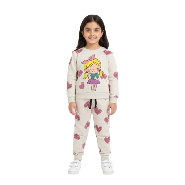 Girls Cartoon Girl & Heart Printed Tracksuit – Beige