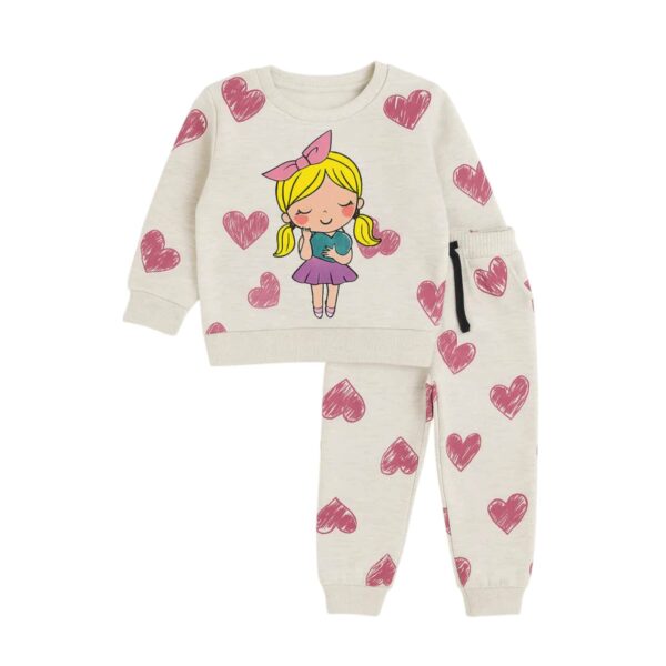 Girls Cartoon Girl & Heart Printed Tracksuit – Beige
