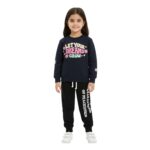 Girls Motivational Text Printed Tracksuit – Navy Blue & Black