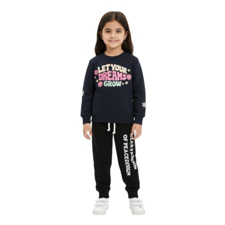 Girls Motivational Text Printed Tracksuit – Navy Blue & Black