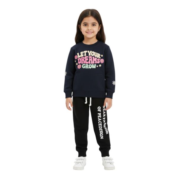 Girls Motivational Text Printed Tracksuit – Navy Blue & Black