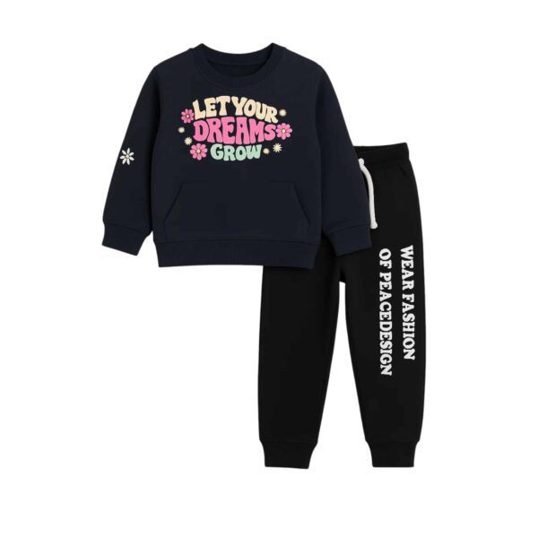 Girls Motivational Text Printed Tracksuit – Navy Blue & Black
