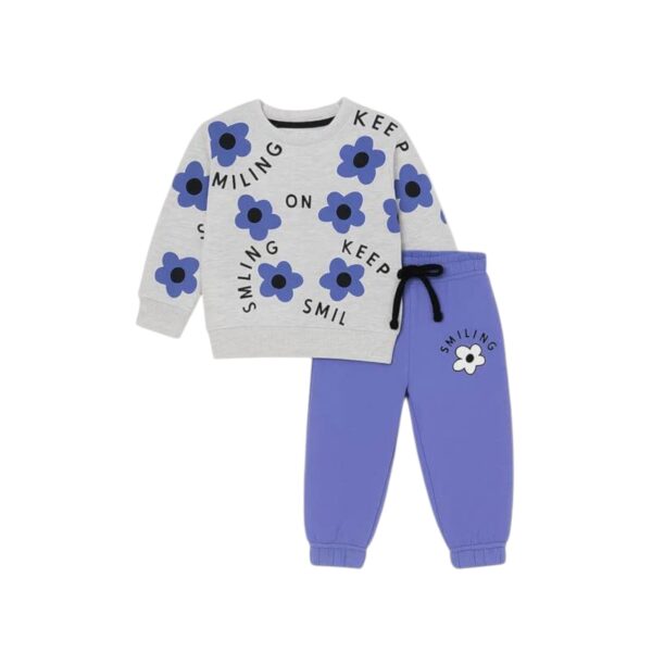 Girls Keep Smiling Flower Printed Tracksuit – Grey & Purple