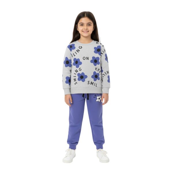 Girls Keep Smiling Flower Printed Tracksuit – Grey & Purple