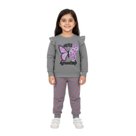 Girls Still Growing Butterfly Graphic Tracksuit – Grey & Pink