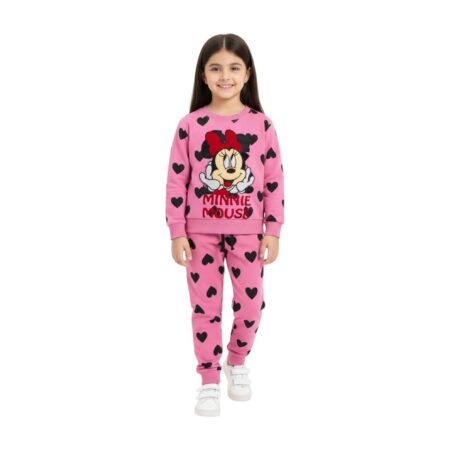 Girls Cute Minnie Mouse Pink Heart Print Sweat Suit – Pink