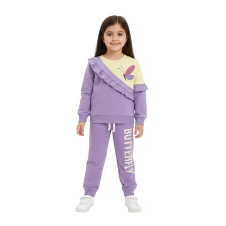 Girls Butterfly Printed Tracksuit – Purple & Yellow