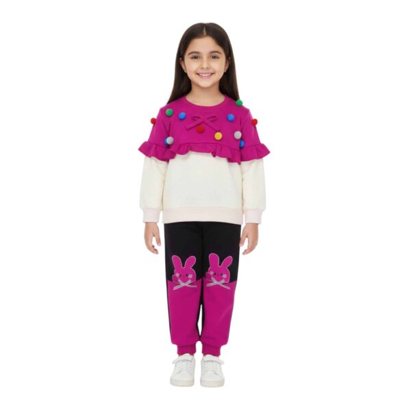 Girls Cute Bunny Printed Tracksuit – Pink & Black