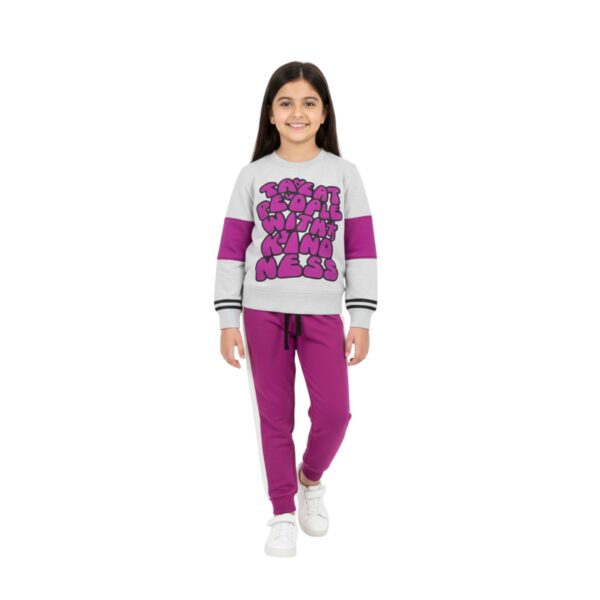 Girls Treat People With Kindness Print Tracksuit – Purple & White