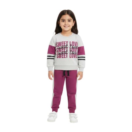 Girls Sweet Love Printed Tracksuit – Light Gray & Magenta
