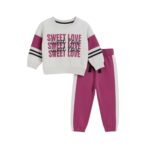 Girls Sweet Love Printed Tracksuit – Light Gray & Magenta