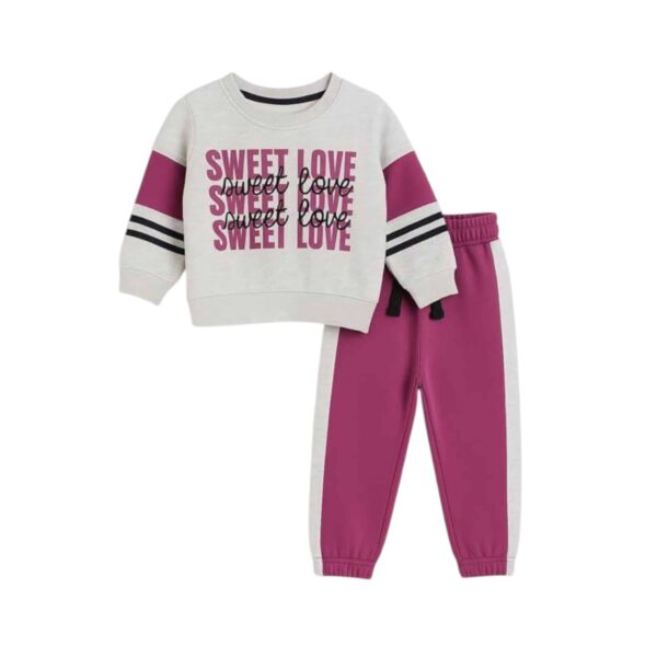 Girls Sweet Love Printed Tracksuit – Light Gray & Magenta