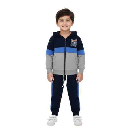 Boys Front Zip Hoodie Tracksuit – Navy, Blue & Grey