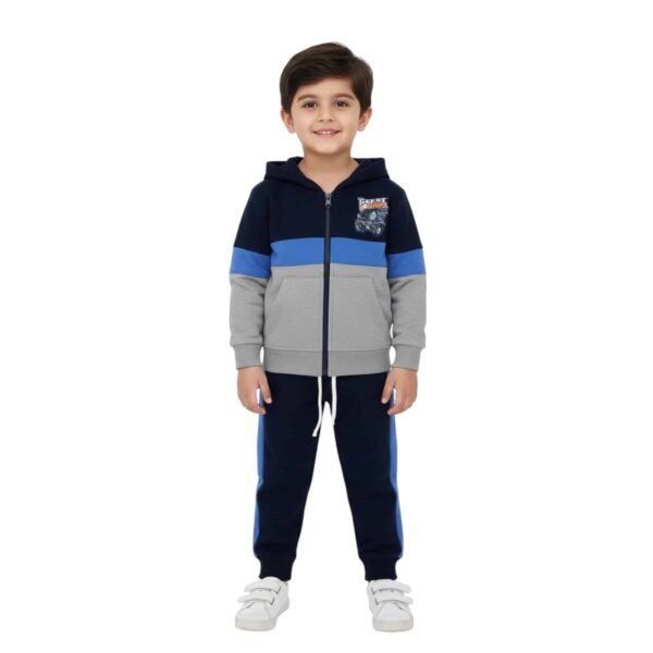 Boys Front Zip Hoodie Tracksuit – Navy, Blue & Grey